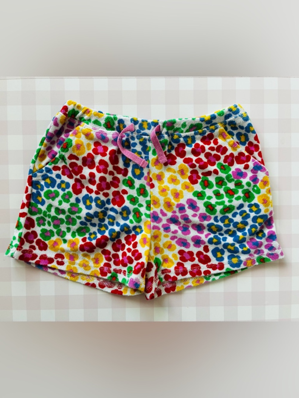 Boden Multicolor Floral Terry Shorts with Pink Drawstring